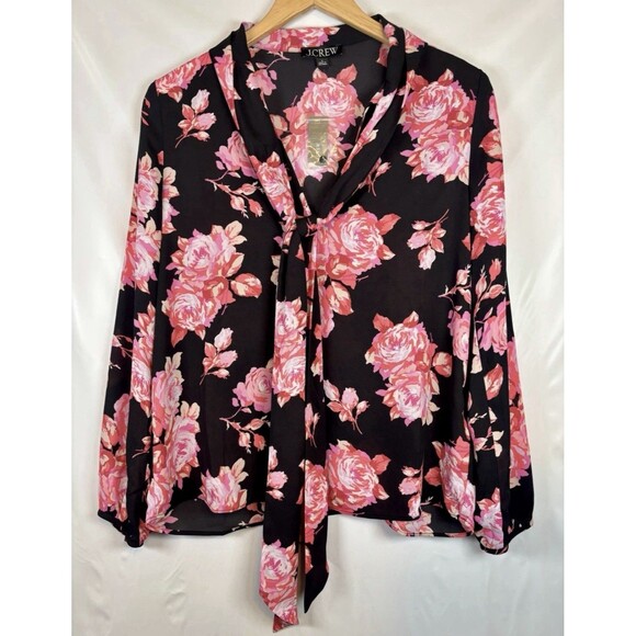 J Crew Black Pink Tie Front Long Sleeve Blouse Top Women’s Size Small New - Picture 4 of 9